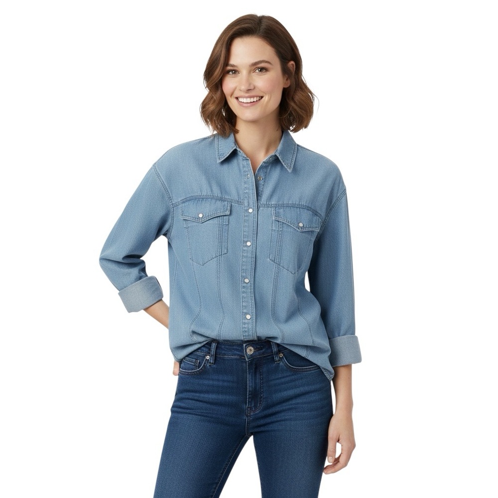 Lizwear Women's Shirt Denim Snap Front Long Sleeve Light Wash Blue Cotton Size S